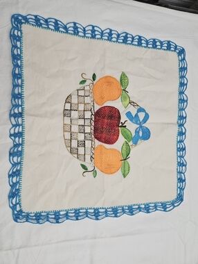 Hand-Embroidered Fruit Basket Doily with Blue Crochet Edge